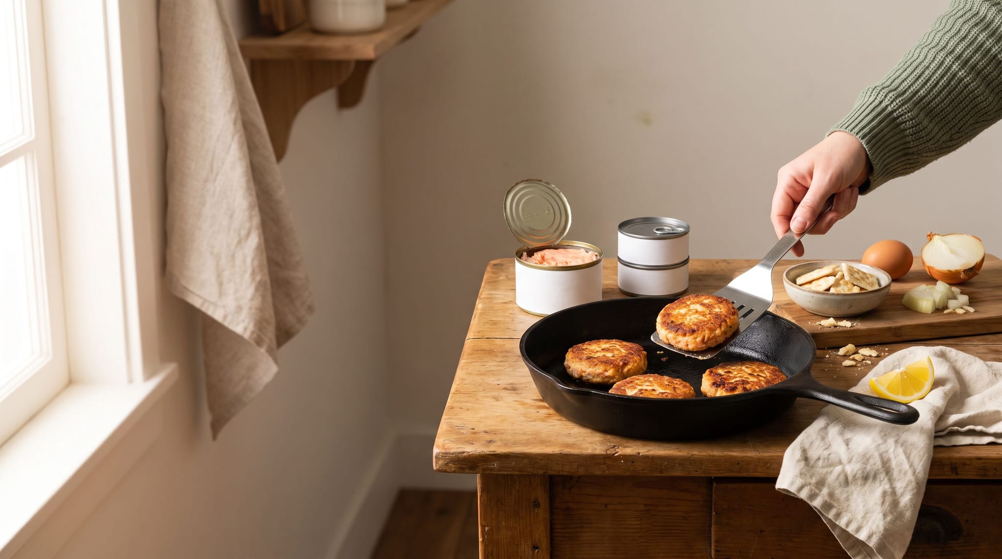 A hand in a sage green sleeve lifts a golden salmon patty from a cast-iron skillet on a wooden kitchen table, beside an open can of pink salmon, two small cans, crushed saltines, an egg, a cut onion and a lemon wedge.