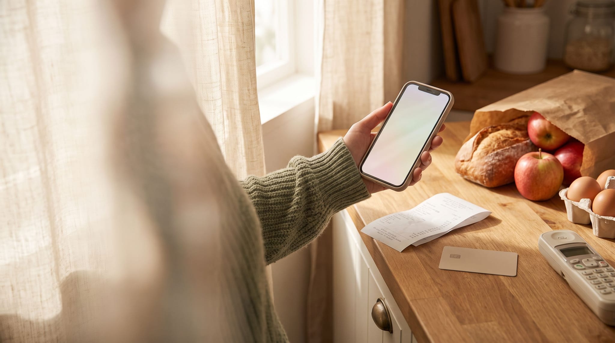 A hand in a sage green sleeve holds a phone with a blank screen over a wooden kitchen counter, beside a grocery receipt, a plain unmarked card, a cordless phone and a paper bag of bread, apples and eggs.