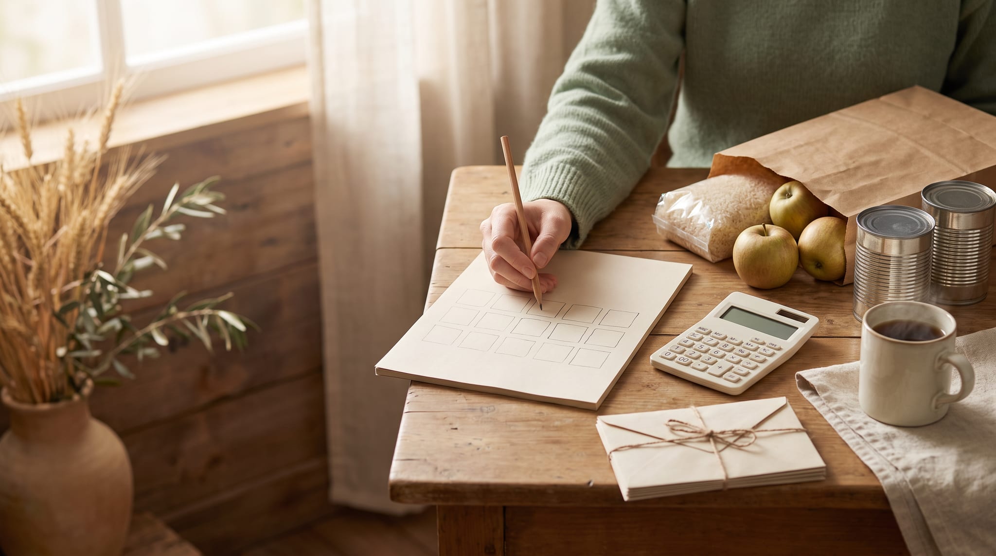 A hand in a sage green sleeve holds a pencil over a blank hand-drawn grid on a wooden kitchen table, next to a calculator, plain envelopes and a paper grocery bag with rice, two cans and apples.