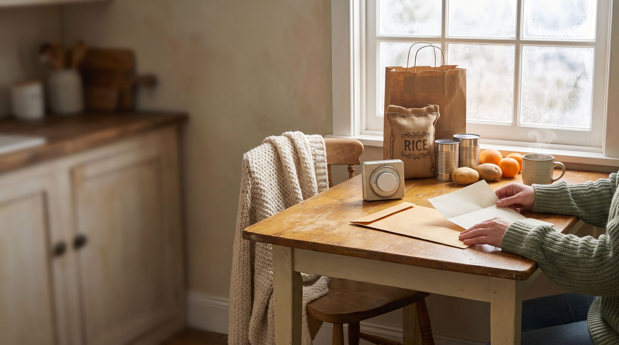 A person in a sage green sweater opens a letter at a wooden kitchen table by a frosted window, next to a thermostat, a sack of rice, cans, potatoes, oranges and a warm mug.