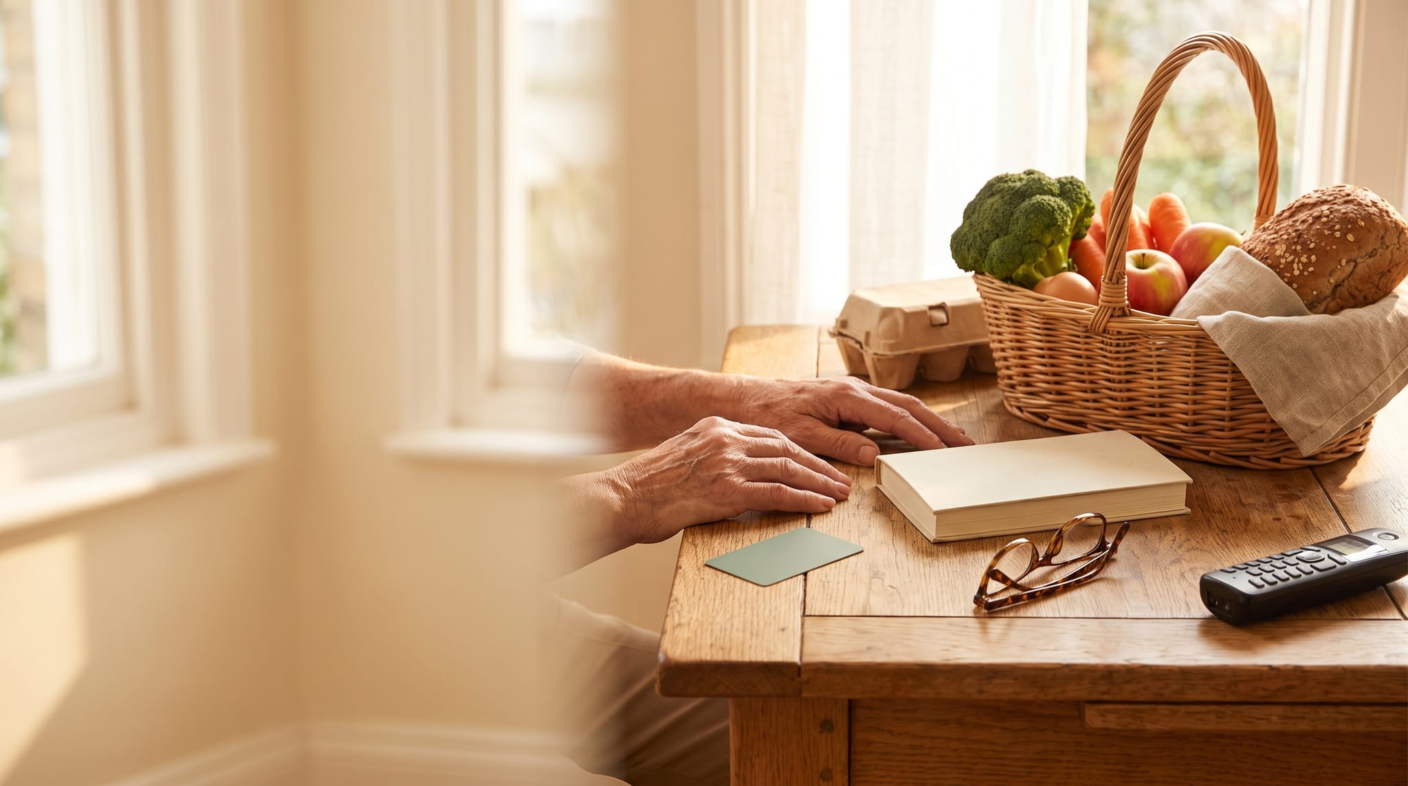 An older adult's hands on a kitchen table next to a blank prepaid card, a closed health plan booklet, reading glasses and a basket of fresh groceries.