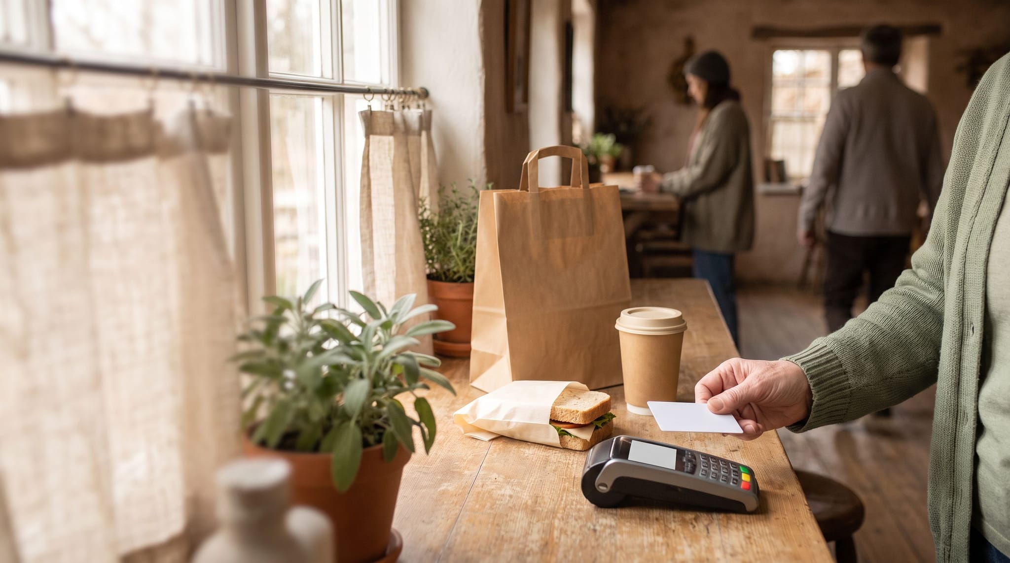 An older person in a sage green cardigan holds a blank payment card over a countertop card reader beside a paper takeout bag, a wrapped sandwich and a paper cup at a sunny restaurant counter.