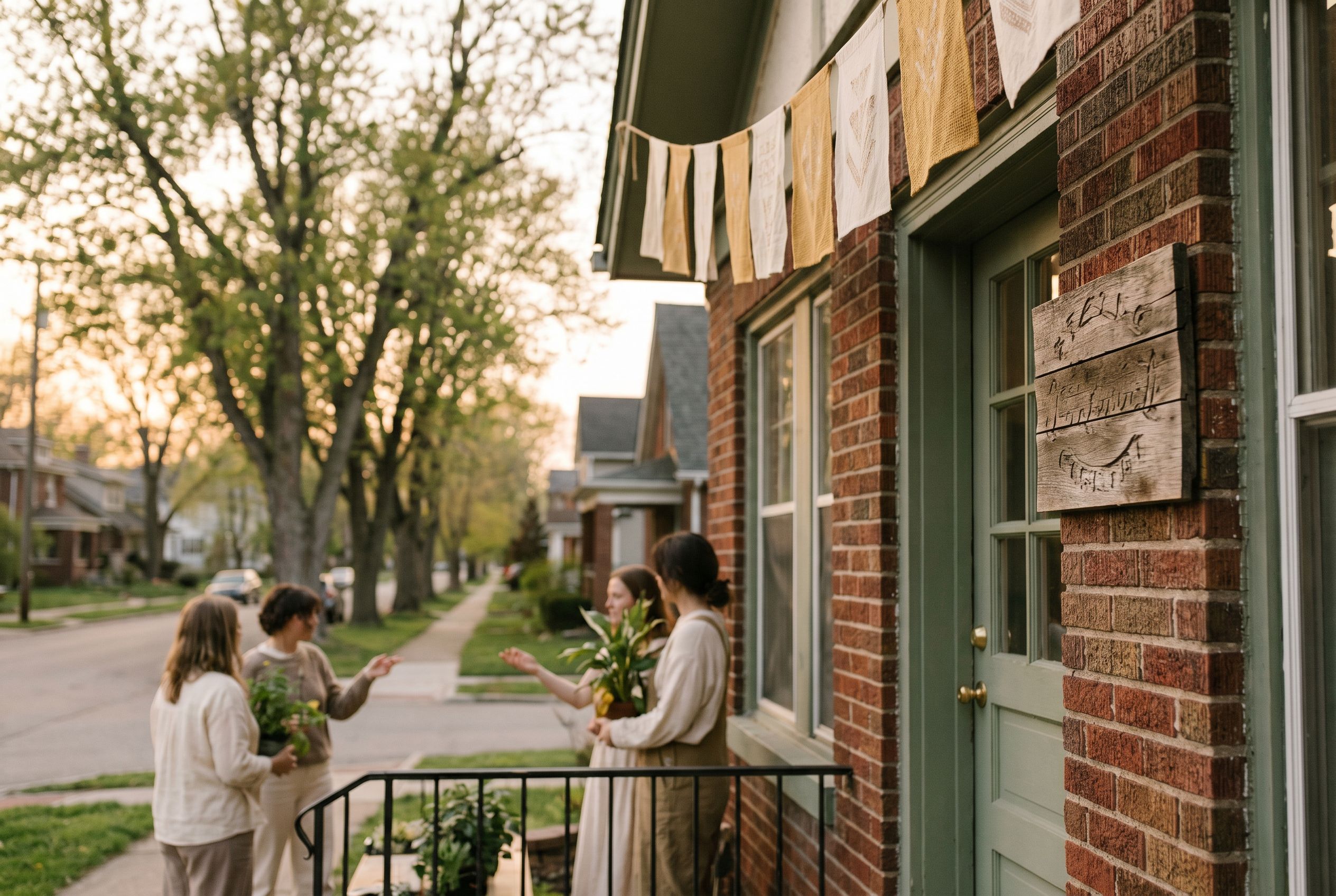 Community center exterior at golden hour on a residential street.