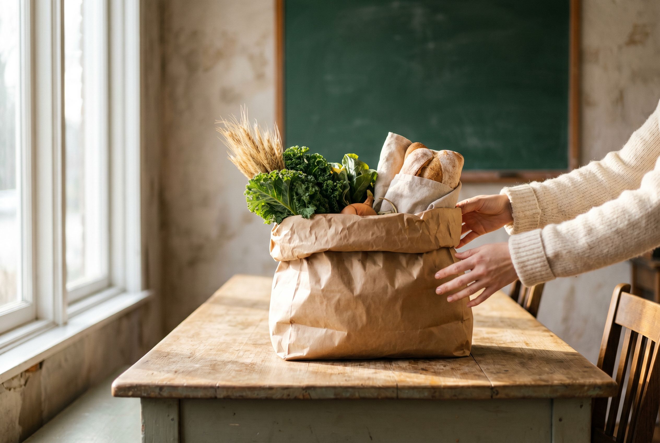 Paper grocery bag on a community center table near a chalkboard.
