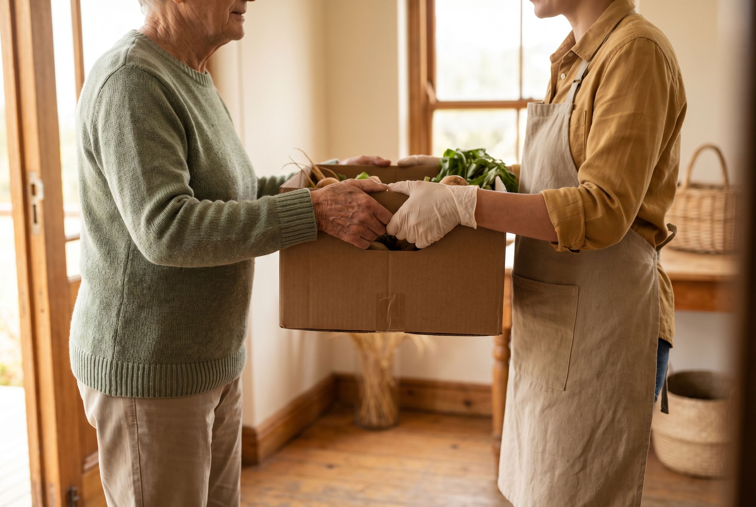 Older adult's hands receiving a box of groceries from a volunteer.