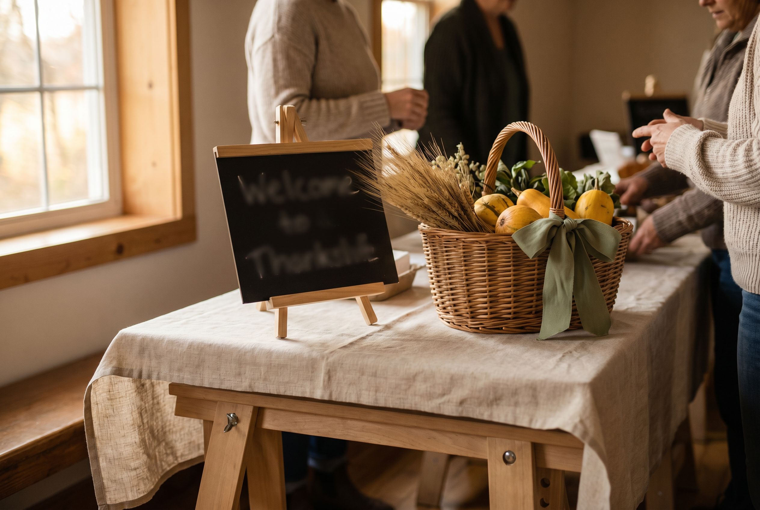 Bilingual welcome chalkboard beside a basket of fresh produce.