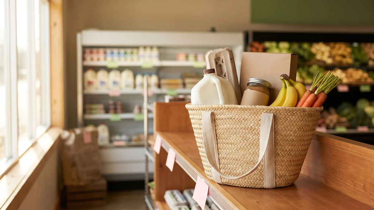 A woven grocery basket with milk, eggs, cereal, peanut butter, bananas and carrots on a supermarket shelf.