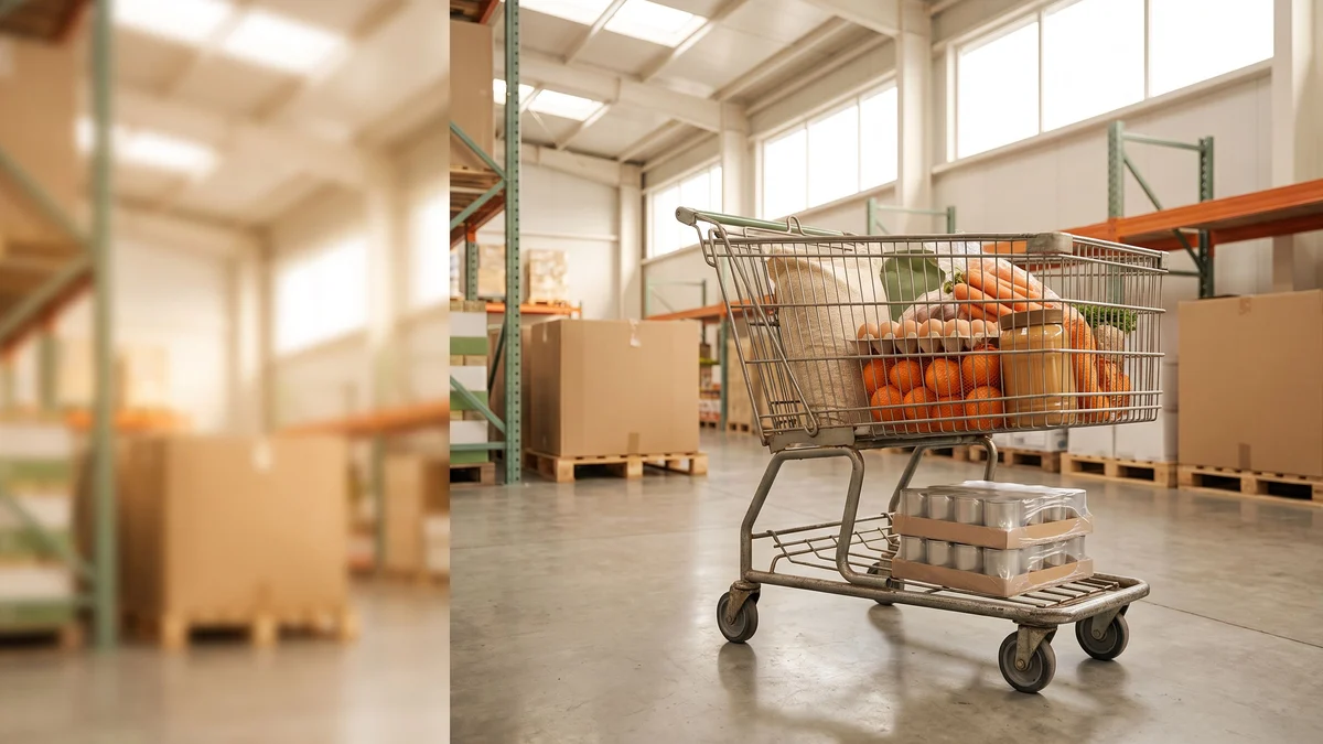 A shopping cart loaded with bulk groceries, eggs, rice and produce, parked in a warehouse store aisle.