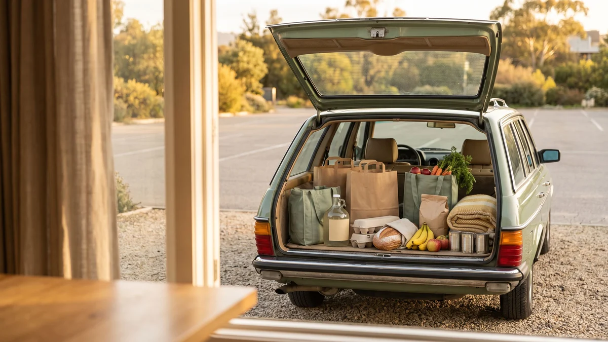 The open hatch of a parked car holding paper and green reusable bags of milk, eggs, bread, fruit and carrots.