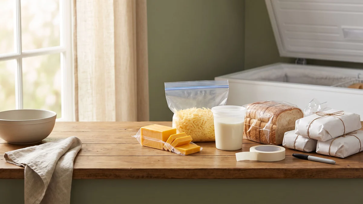 Shredded cheese, cheese blocks, a container of milk, bagged bread and twine-tied packages on a wooden counter.