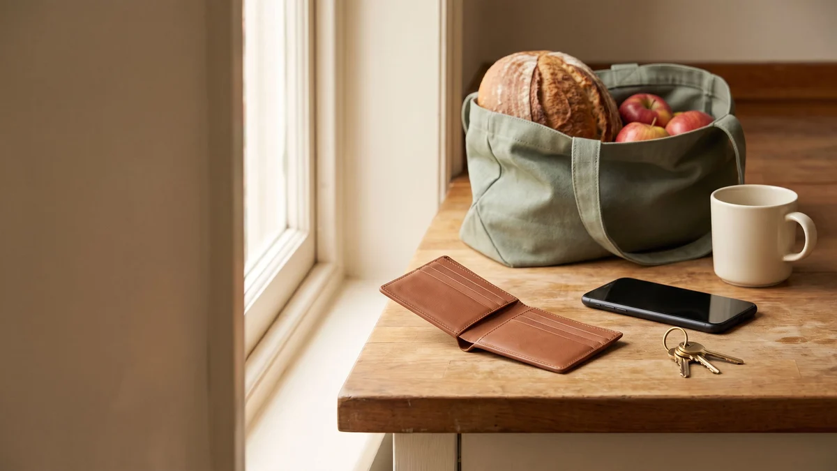 An open, empty wallet, a phone lying face down, house keys, a mug and a green tote of bread and apples on a wooden kitchen counter.