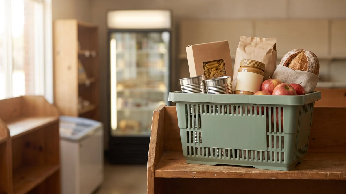 A green basket of cans, pasta, rice, peanut butter, bread and apples on a shelf in a small discount store.