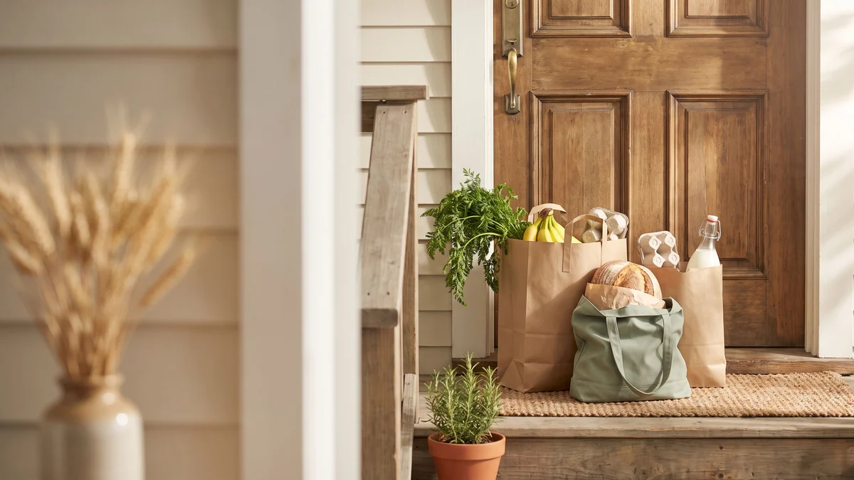 Paper grocery bags and a green tote of carrots, bananas, bread, eggs and milk left on a doormat by a front door.