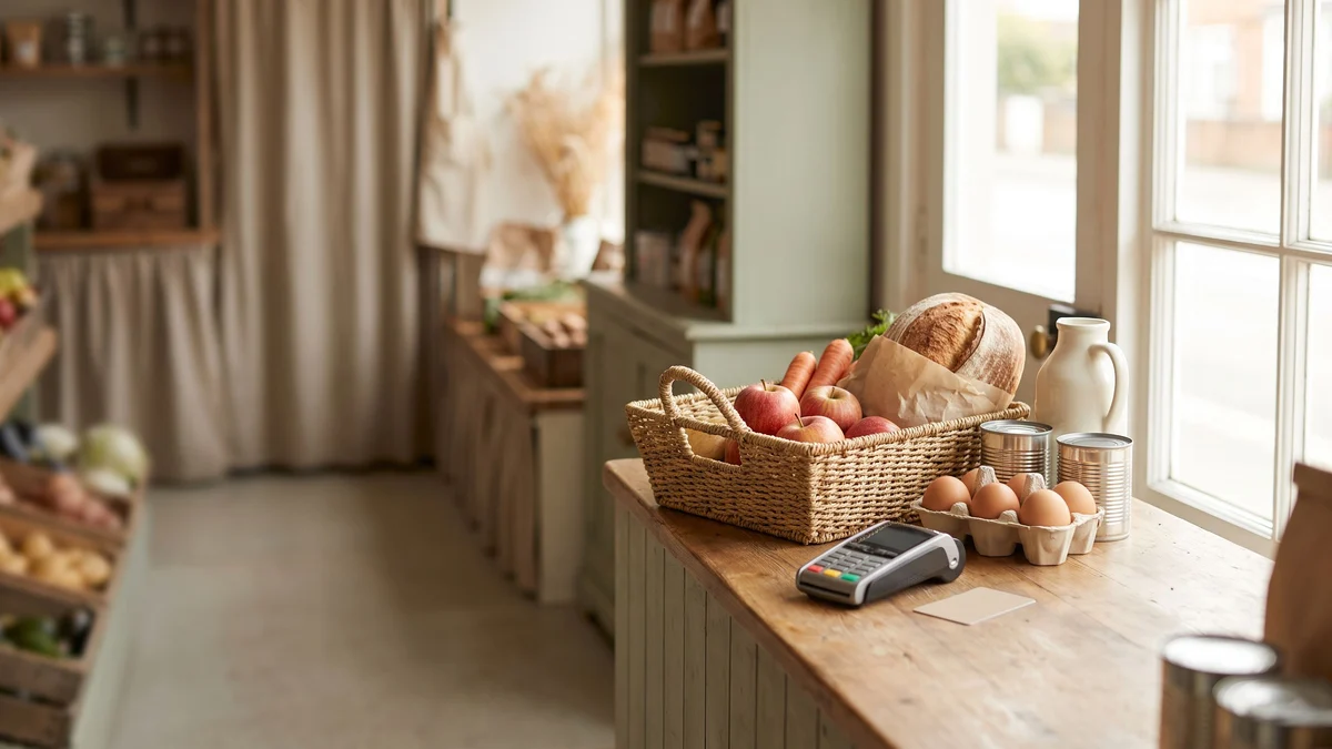A woven basket of fruit and bread on a wooden counter in a small, cozy grocery shop.