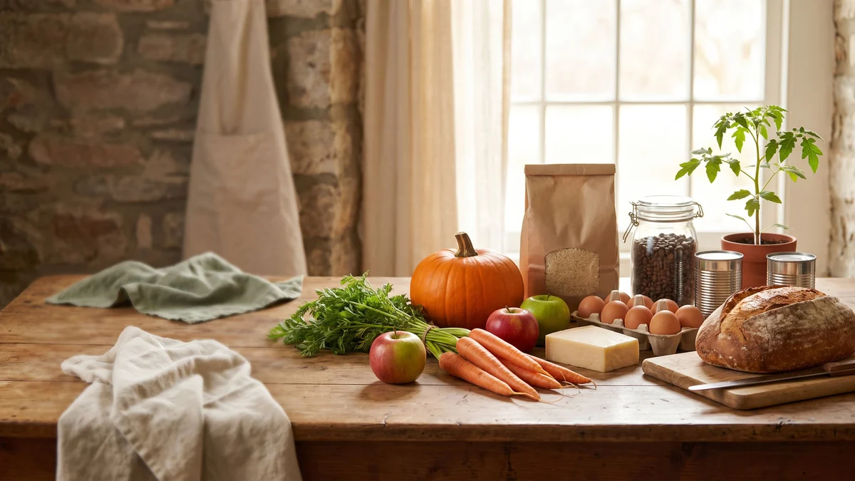 A rustic wooden kitchen table set with fresh vegetables, fruit and other grocery staples.