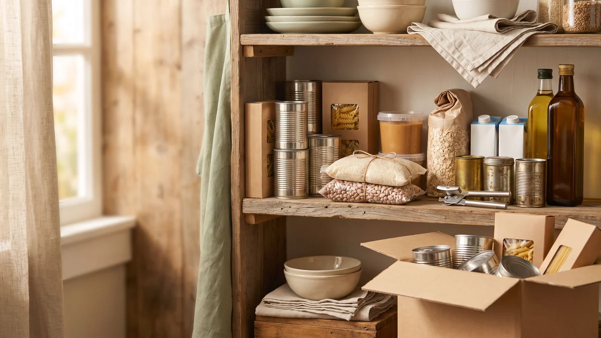 A well-organized wooden pantry shelf filled with canned and packaged food items and containers.