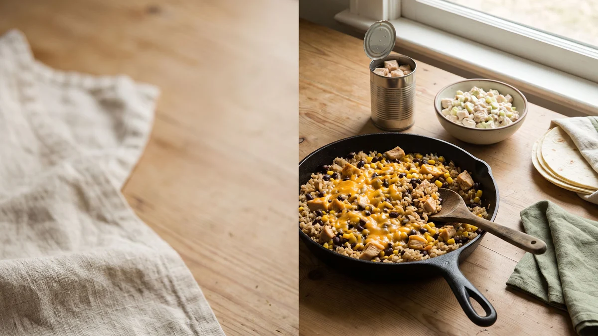 A cast-iron skillet of chicken and rice with black beans and cheese, beside a bowl of chicken salad and tortillas on a wooden table.