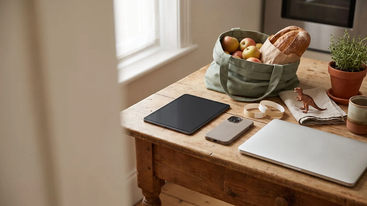 A tablet, smartphone and laptop on a wooden kitchen table beside a green tote of apples and bread.