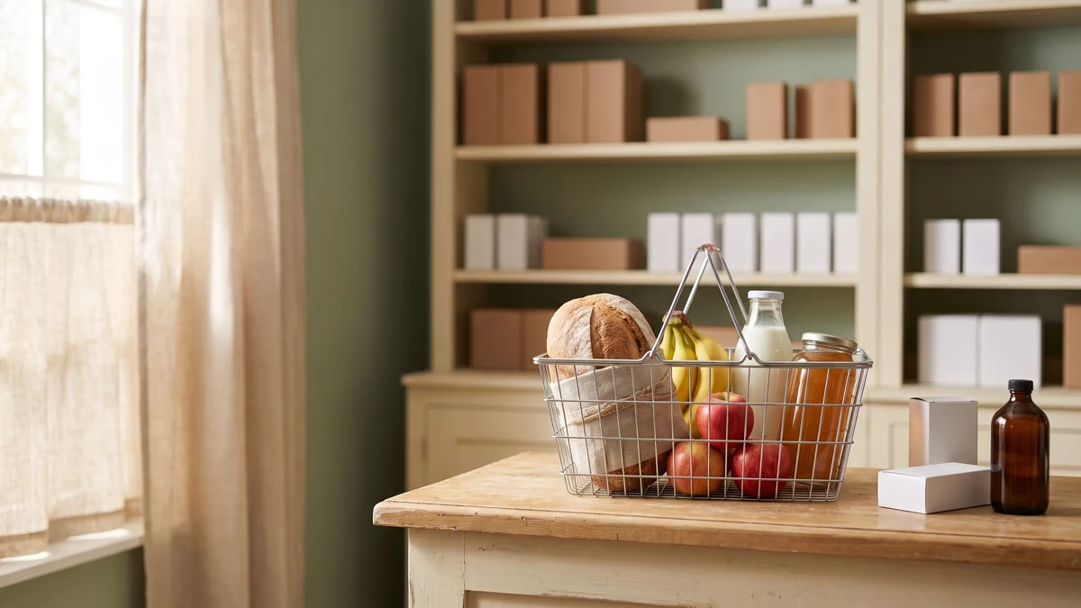 A wire basket of bread, bananas, apples, milk and peanut butter on a wooden drugstore counter, with plain boxes beside it.